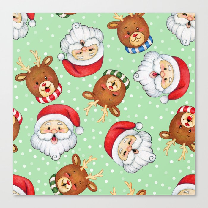 Watercolor Cute Seamless Pattern with Santa Claus and Reindeers Canvas Print