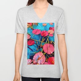 Water Flowers Pop Red and Blue V Neck T Shirt