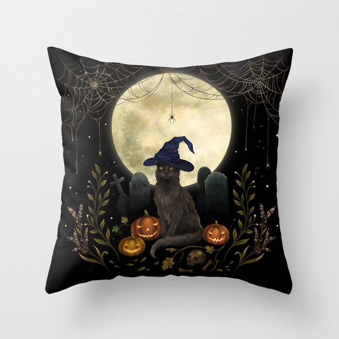 The Black Cat on Halloween Night Throw Pillow