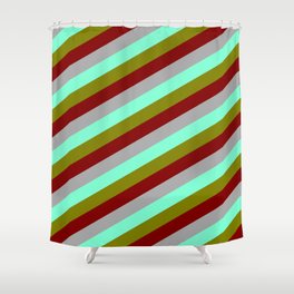[ Thumbnail: Maroon, Dark Gray, Aquamarine & Green Colored Lined/Striped Pattern Shower Curtain ]