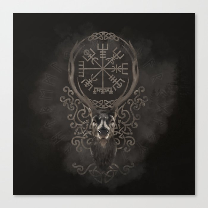 Deer and Vegvisir - Viking  Navigation Compass Canvas Print