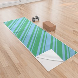 [ Thumbnail: Light Sky Blue & Sea Green Colored Striped/Lined Pattern Yoga Towel ]
