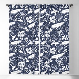 Navy Blue and White Surfing Summer Beach Objects Seamless Pattern Blackout Curtain