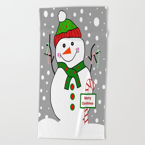 Merry Christmas Snowman Beach Towel