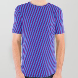 [ Thumbnail: Purple & Blue Colored Striped/Lined Pattern All Over Graphic Tee ]