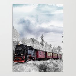 Vintage train,snow,winter art Poster