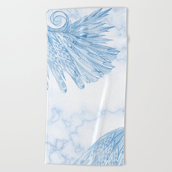Beautiful Feathers on Blue Marble Design Beach Towel