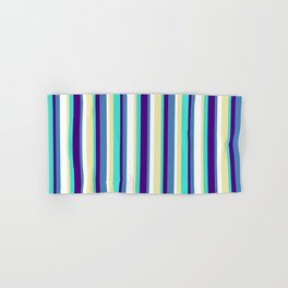 [ Thumbnail: Eye-catching Turquoise, Indigo, Blue, White, and Pale Goldenrod Colored Lines Pattern Hand & Bath Towel ]