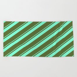[ Thumbnail: Dark Olive Green and Aquamarine Colored Lined Pattern Beach Towel ]