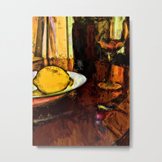 Lemon, Wine, Glass and Fork Metal Print