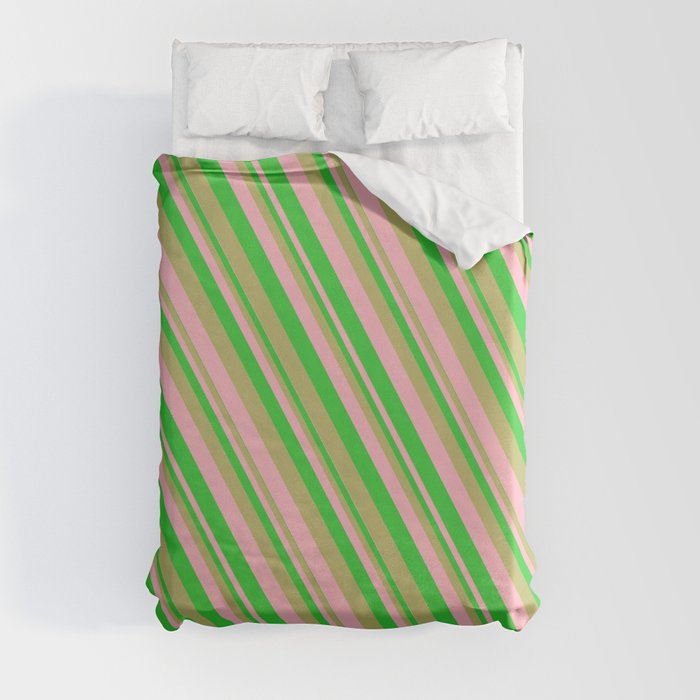 Dark Khaki, Light Pink & Lime Green Colored Lines/Stripes Pattern Duvet Cover