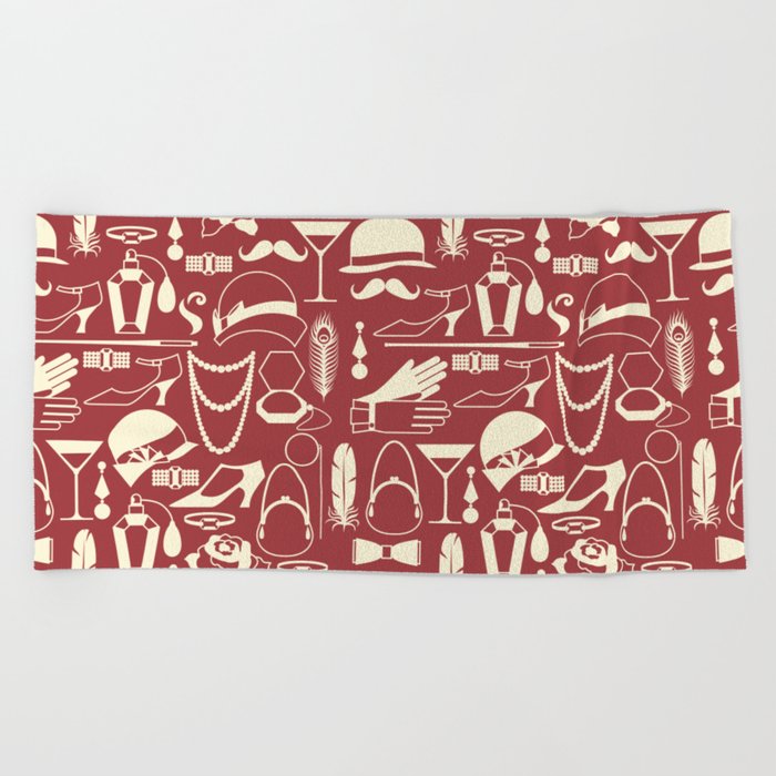 White Fashion 1920s Vintage Pattern on Antique Red Beach Towel