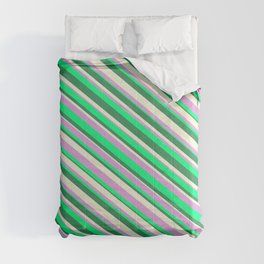 [ Thumbnail: Beige, Plum, Green, and Sea Green Colored Striped Pattern Comforter ]