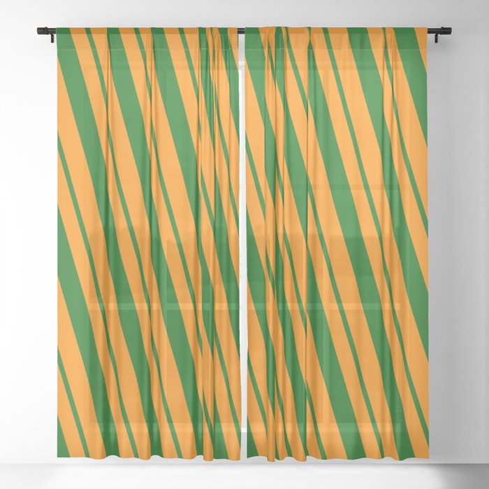 Dark Orange & Dark Green Colored Striped/Lined Pattern Sheer Curtain