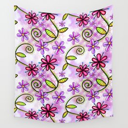 Cute Pink Flower Doodle Wall Tapestry
