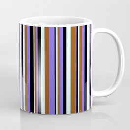 [ Thumbnail: Light Cyan, Brown, Medium Slate Blue & Black Colored Lines Pattern Coffee Mug ]