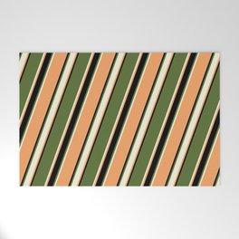 [ Thumbnail: Dark Olive Green, Beige, Brown & Black Colored Pattern of Stripes Welcome Mat ]