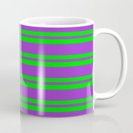 [ Thumbnail: Lime & Dark Orchid Colored Stripes Pattern Coffee Mug ]