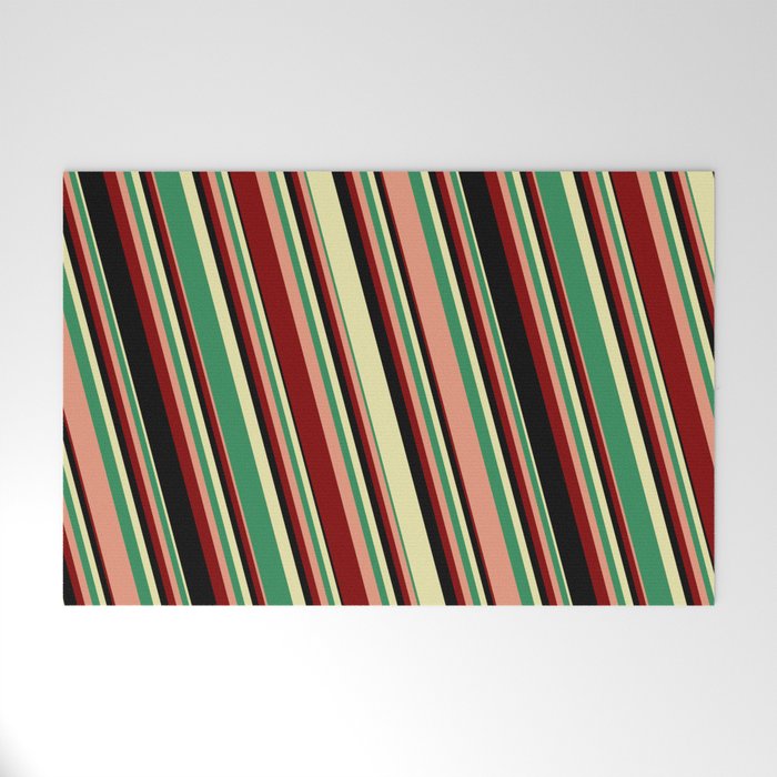 Vibrant Pale Goldenrod, Sea Green, Dark Salmon, Maroon, and Black Colored Striped Pattern Welcome Mat