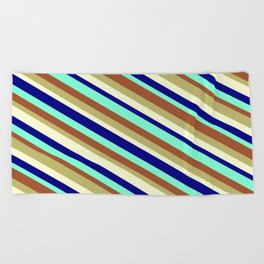 [ Thumbnail: Eye-catching Sienna, Dark Khaki, Light Yellow, Blue, and Aquamarine Colored Striped/Lined Pattern Beach Towel ]