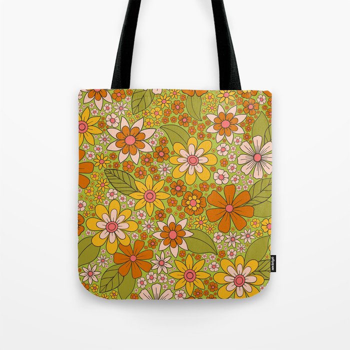 1960s, 1970s Retro Floral in Green, Pink & Orange - Flower Power Tote Bag