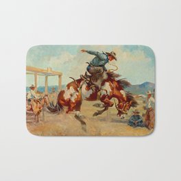 “Pitching Pony” Wild West Cowboy Art Bath Mat | Frontier, Pioneer, Cowboys, Saddle, Vintage, Bronco, Painting, Corral, Prairie, Bucking 