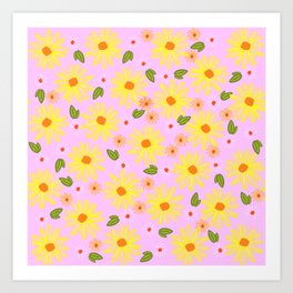 Retro Modern Spring Inked Flowers On Pink Art Print