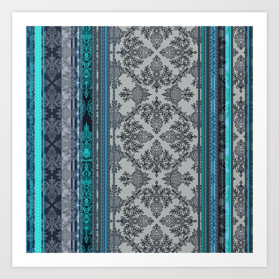 Teal, Aqua & Grey Vintage Bohemian Wallpaper Stripes Art Print