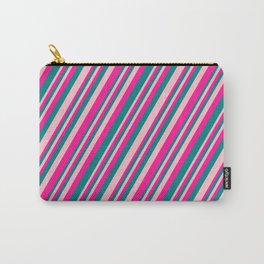 [ Thumbnail: Pink, Deep Pink, and Teal Colored Striped Pattern Carry-All Pouch ]