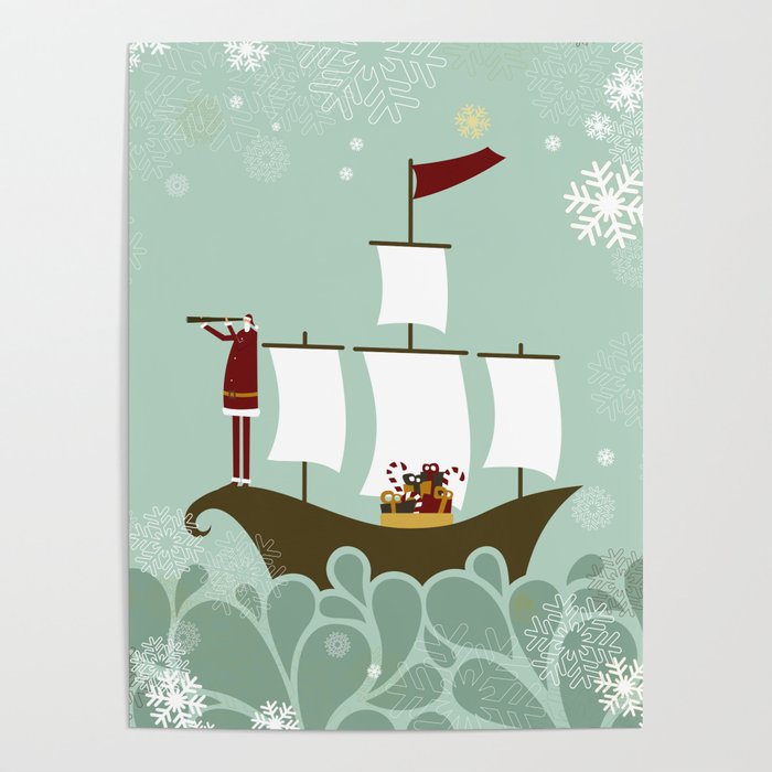 Santa and christmas sailboat Poster