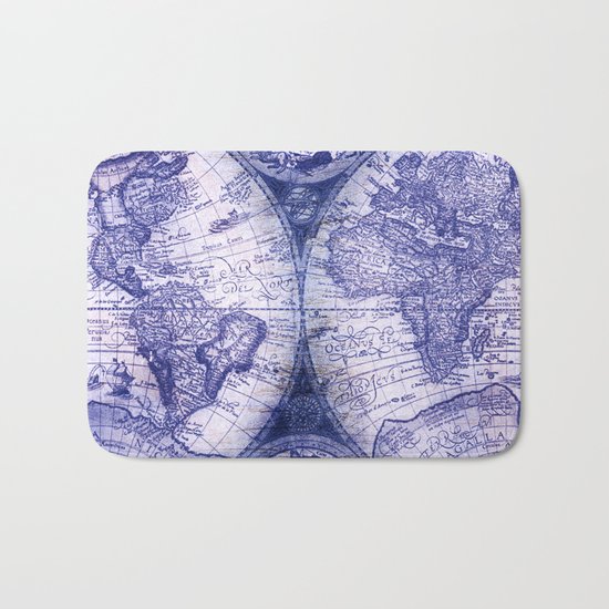 World Map Antique Vintage Navy Blue Bath Mat