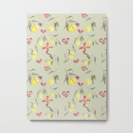 Lemons and Butterflies pattern Metal Print