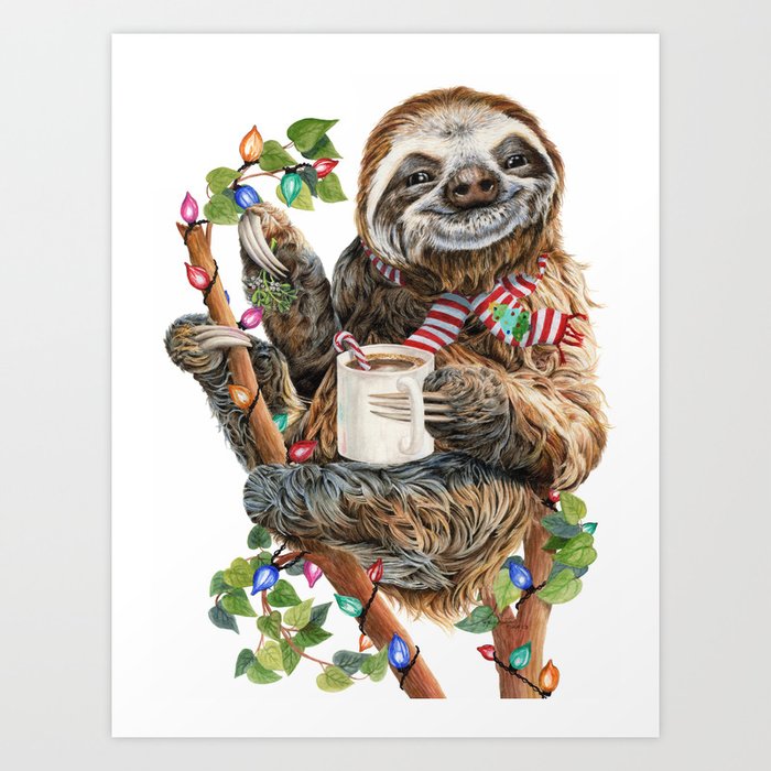 Top Of Christmas Morning, sloth with coffee Art Print