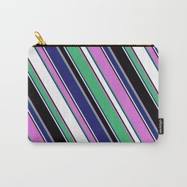 [ Thumbnail: Vibrant Orchid, Sea Green, Midnight Blue, White & Black Colored Lines Pattern Carry-All Pouch ]