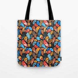 Bright bird feathers on black Tote Bag