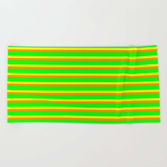 Yellow, Dark Orange, and Lime Colored Lined/Striped Pattern Beach Towel