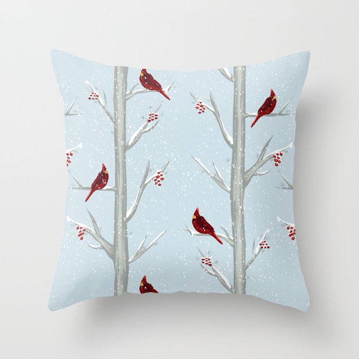 Red Cardinal Bird In The Winter Forest Throw Pillow