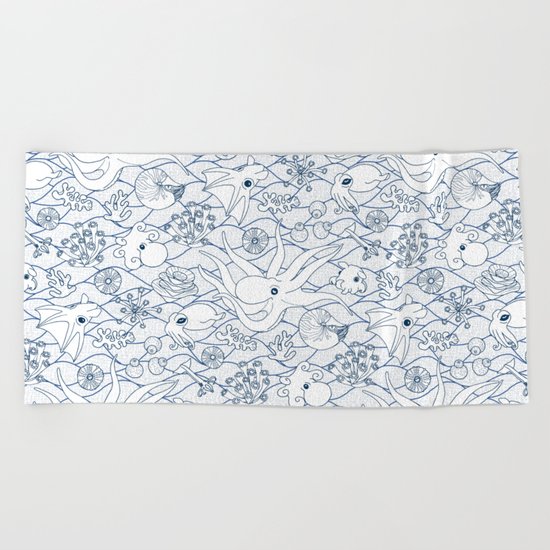Cephalopods: White and Blue Beach Towel