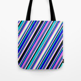 [ Thumbnail: Eye-catching Dark Turquoise, Blue, Orchid, Beige, and Black Colored Stripes Pattern Tote Bag ]