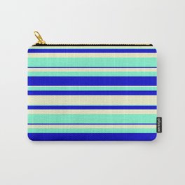 [ Thumbnail: Light Yellow, Aquamarine, and Blue Colored Striped/Lined Pattern Carry-All Pouch ]