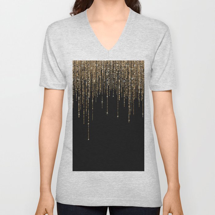 Luxury Chic Black Gold Sparkly Glitter Fringe V Neck T Shirt