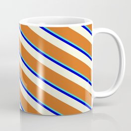 [ Thumbnail: Turquoise, Blue, Beige, and Chocolate Colored Lined/Striped Pattern Coffee Mug ]