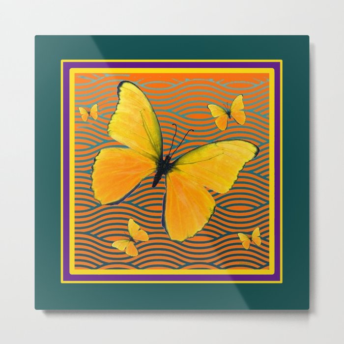 Dark Teal Yellow Butterflies Pattern Metal Print