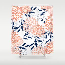 Floral Prints and Leaves, White, Coral and Navy Shower Curtain