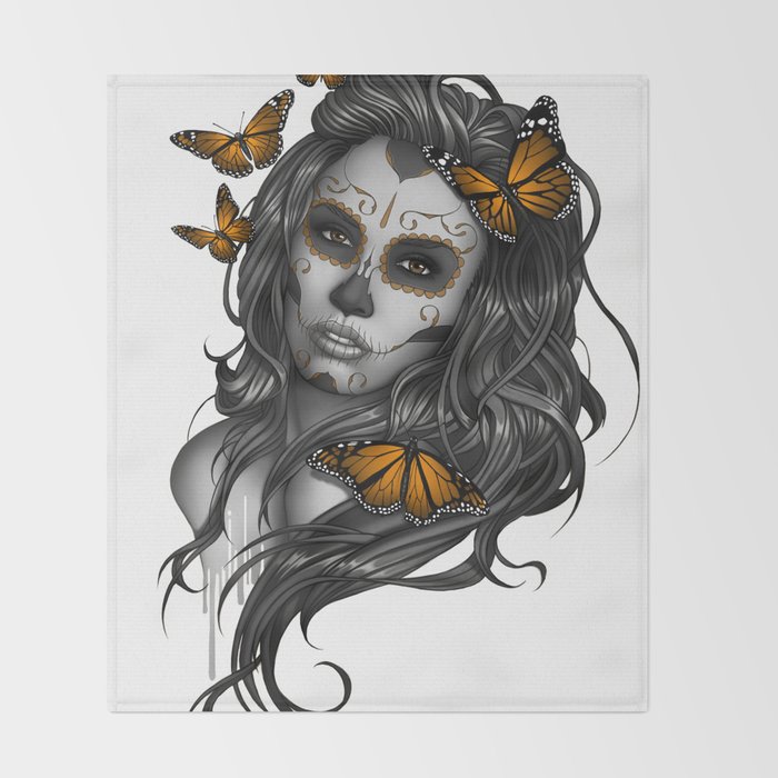 Sugar Skull Tattoo Girl With Butterflies Throw Blanket By Benkrefta Society6