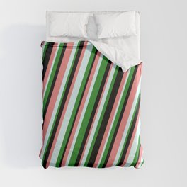 [ Thumbnail: Forest Green, Black, Light Coral & Light Cyan Colored Stripes/Lines Pattern Duvet Cover ]