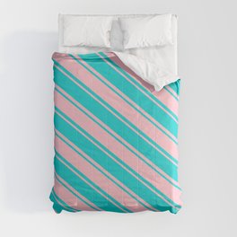 [ Thumbnail: Dark Turquoise and Pink Colored Striped Pattern Comforter ]
