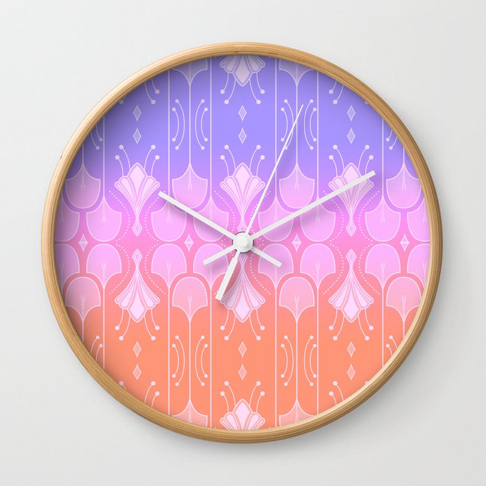 Art Deco Botanical Leaf Shapes Lavender Peach Ombre Gradient Wall Clock