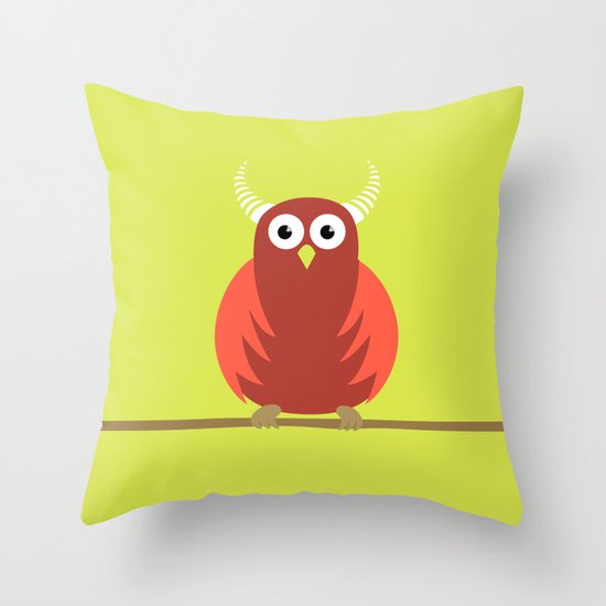 Red Cartoon Horned Owl Throw Pillow