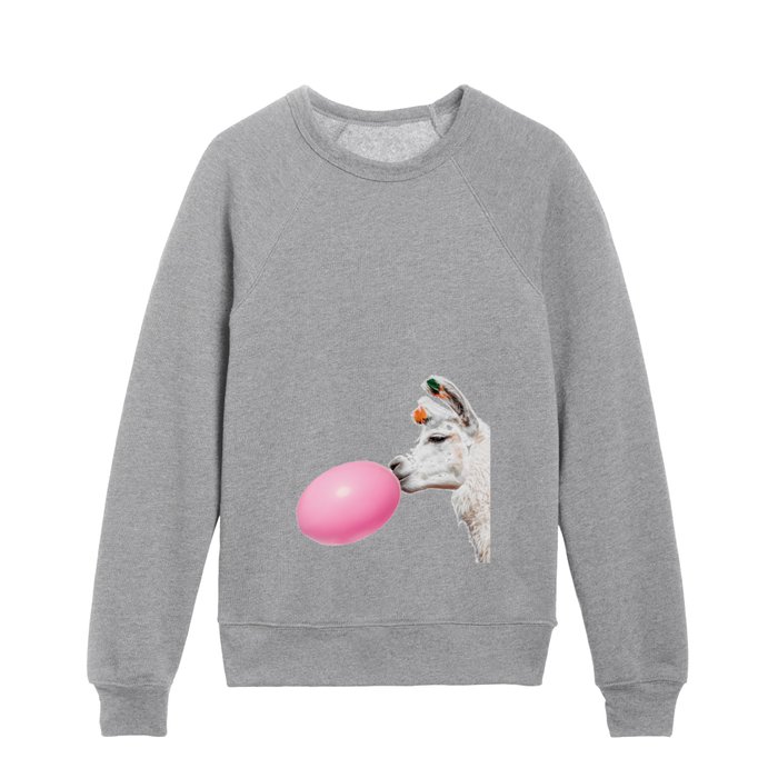 Funny Llama with Pink Balloon White Background Kids Crewneck